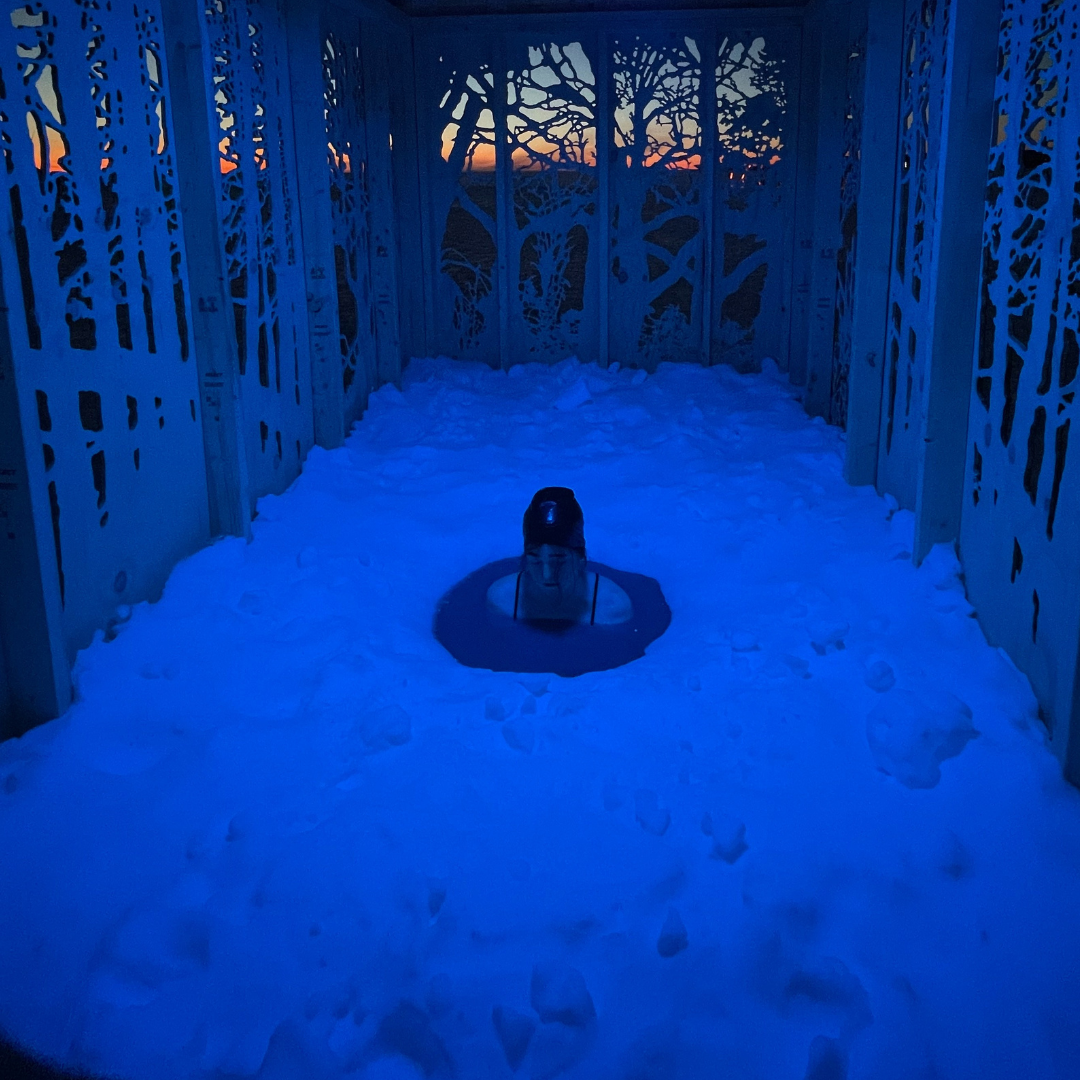 Sculpture in ice with sunset in the background