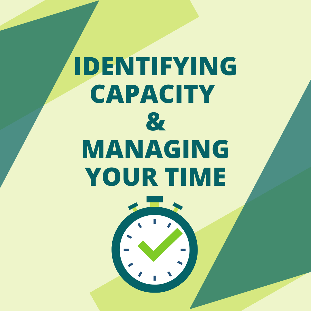 Stop watch with a checkmark on it. Title Text, centered reads Identifying Capacity & Managing Your Time in Green font. 