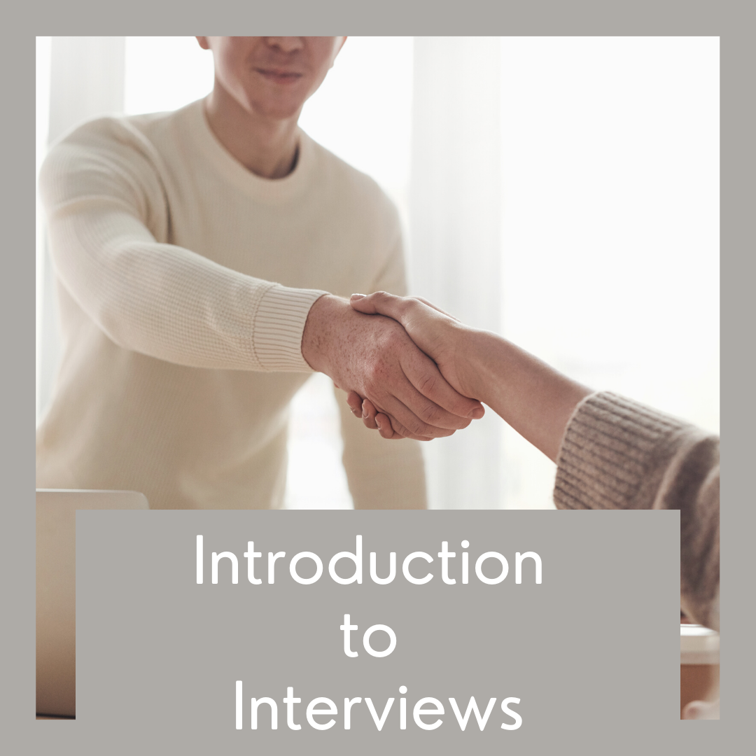 Two people shake hands, grey border, and Introduction to Interviews written in white text.