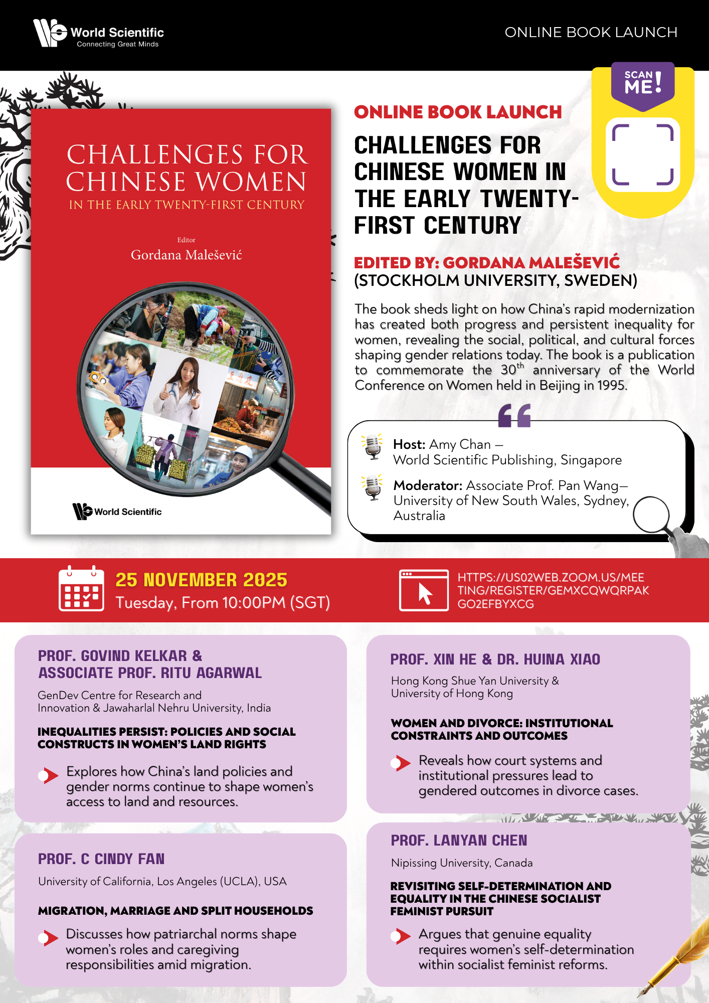 A flyer for an online book launch for "Challenges for Chinese Women" edited by Gordana Malesevic. It includes a chapter from Nipissing University professor, Lanyan Chen, titled "Revisiting Self-Determination and Equality in the Chinese Socialist Feminist Pursuit".