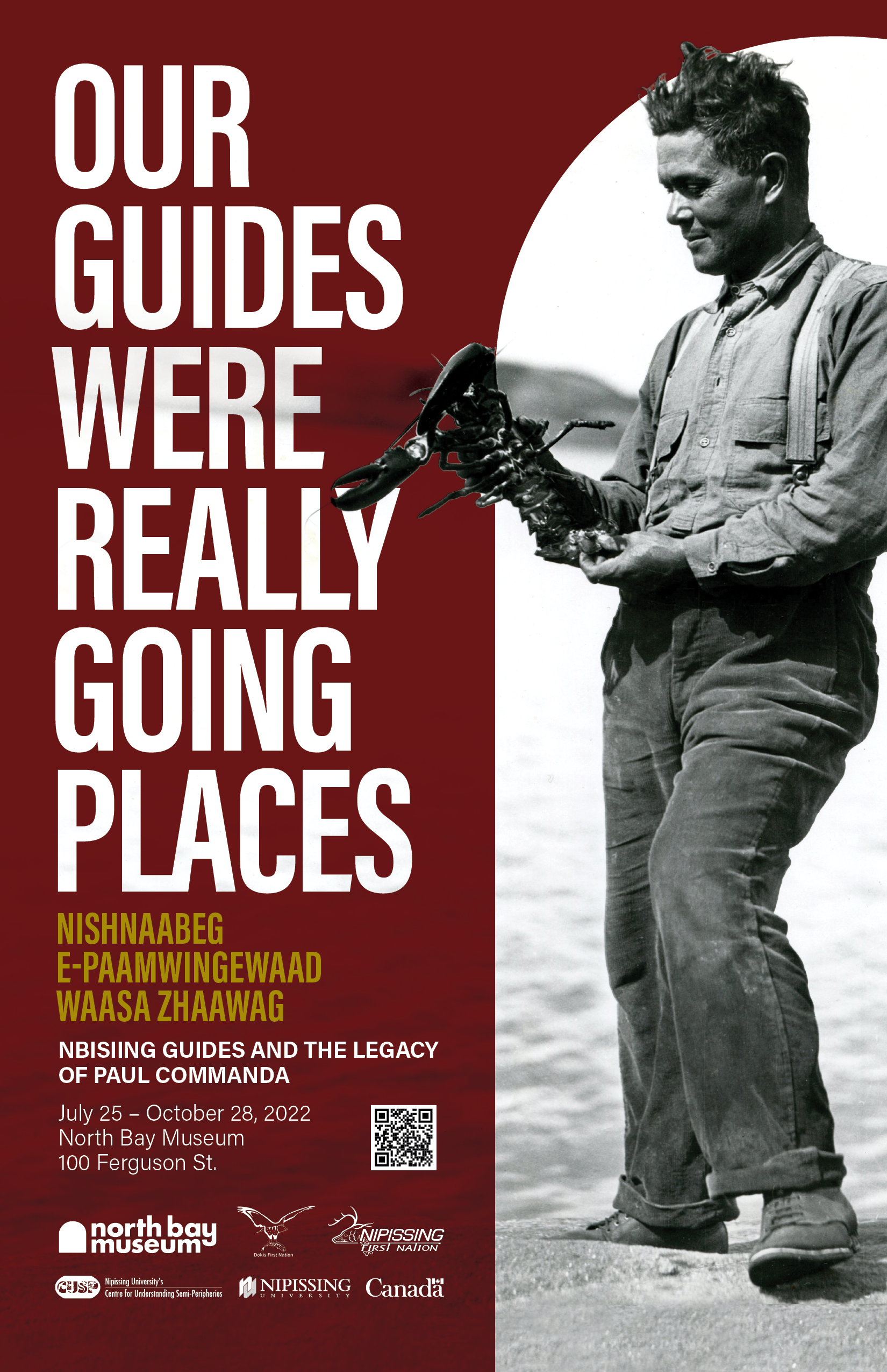 Exhibit poster text overlay on left and black and white photo on right