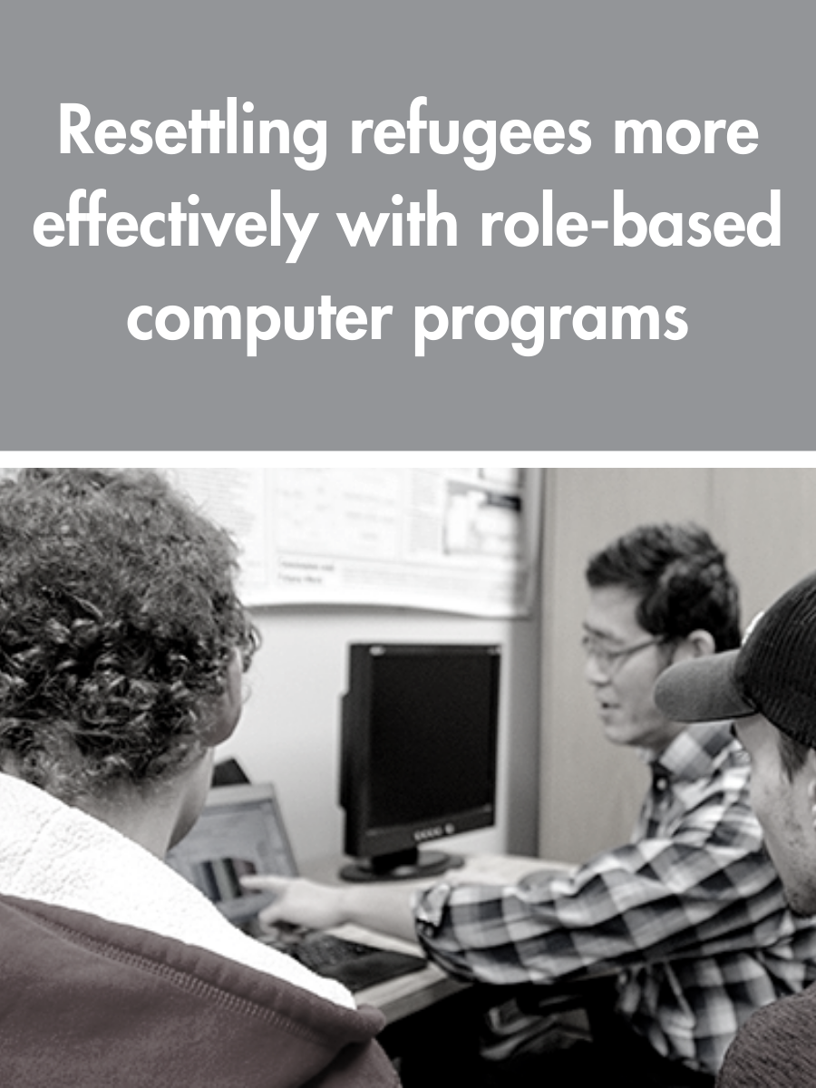 Professor Haibin Zhu and students viewing a laptop with graphs, caption: Resettling refugees more effectively with role-based computer programs