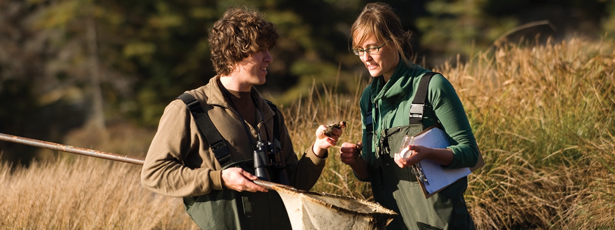 students in hip-waders study pond life