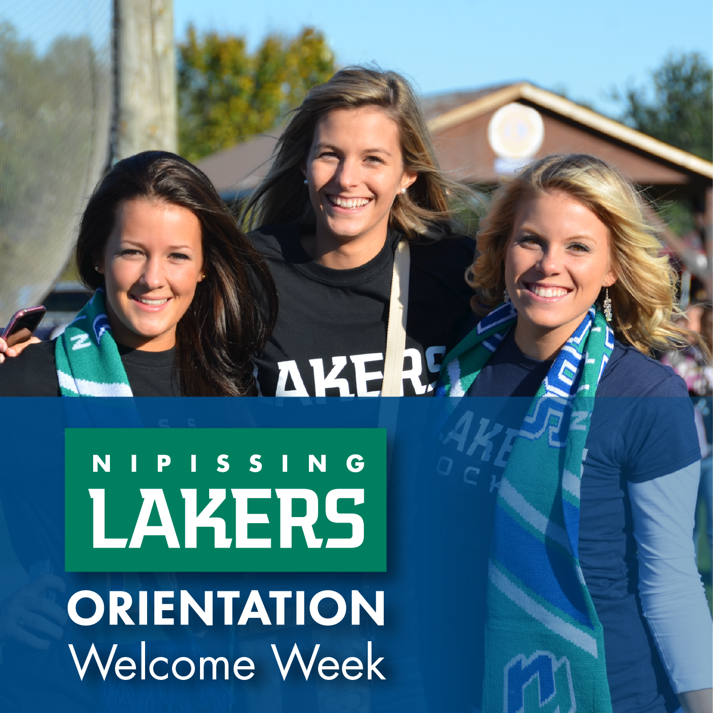 Lakers students picture; blue and green banner for Lakers Orientation Welcome Week