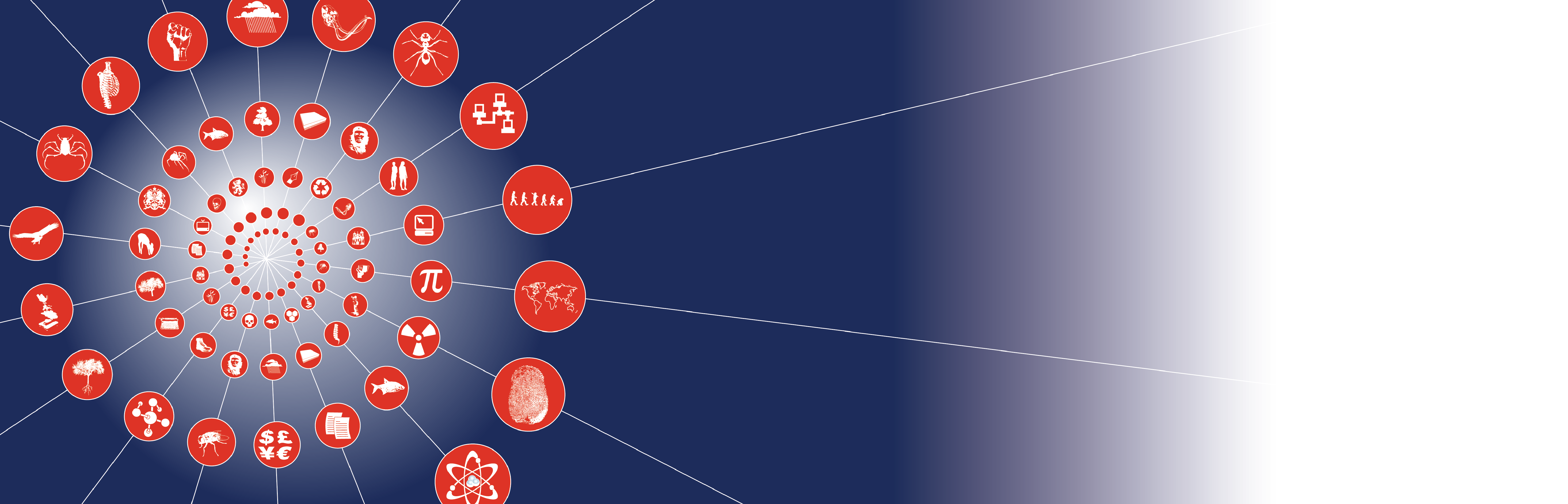 A spiral of orange images on a purple banner background 