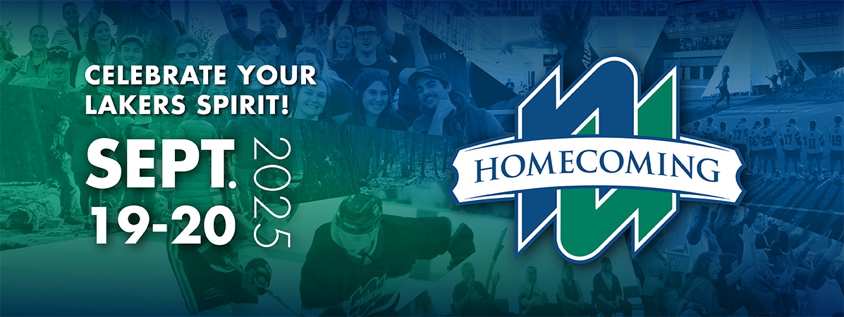Homecoming logo and information on top of a blue and green collage of activities happening 