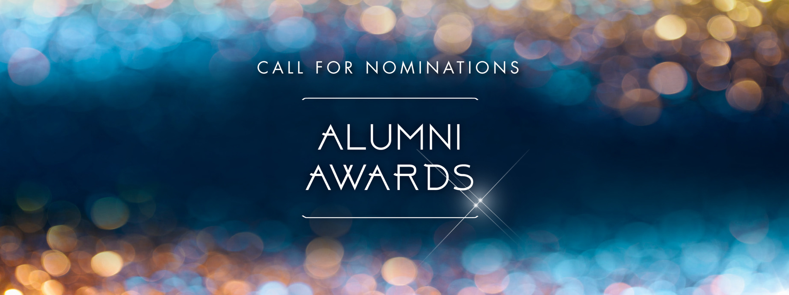 Alumni Award Call for Nomination text across blue and spotlight blurred background