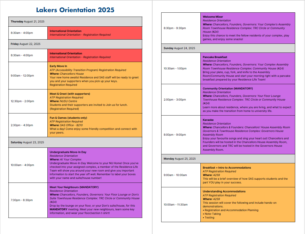 Lakers Orientation Schedule Breakdown