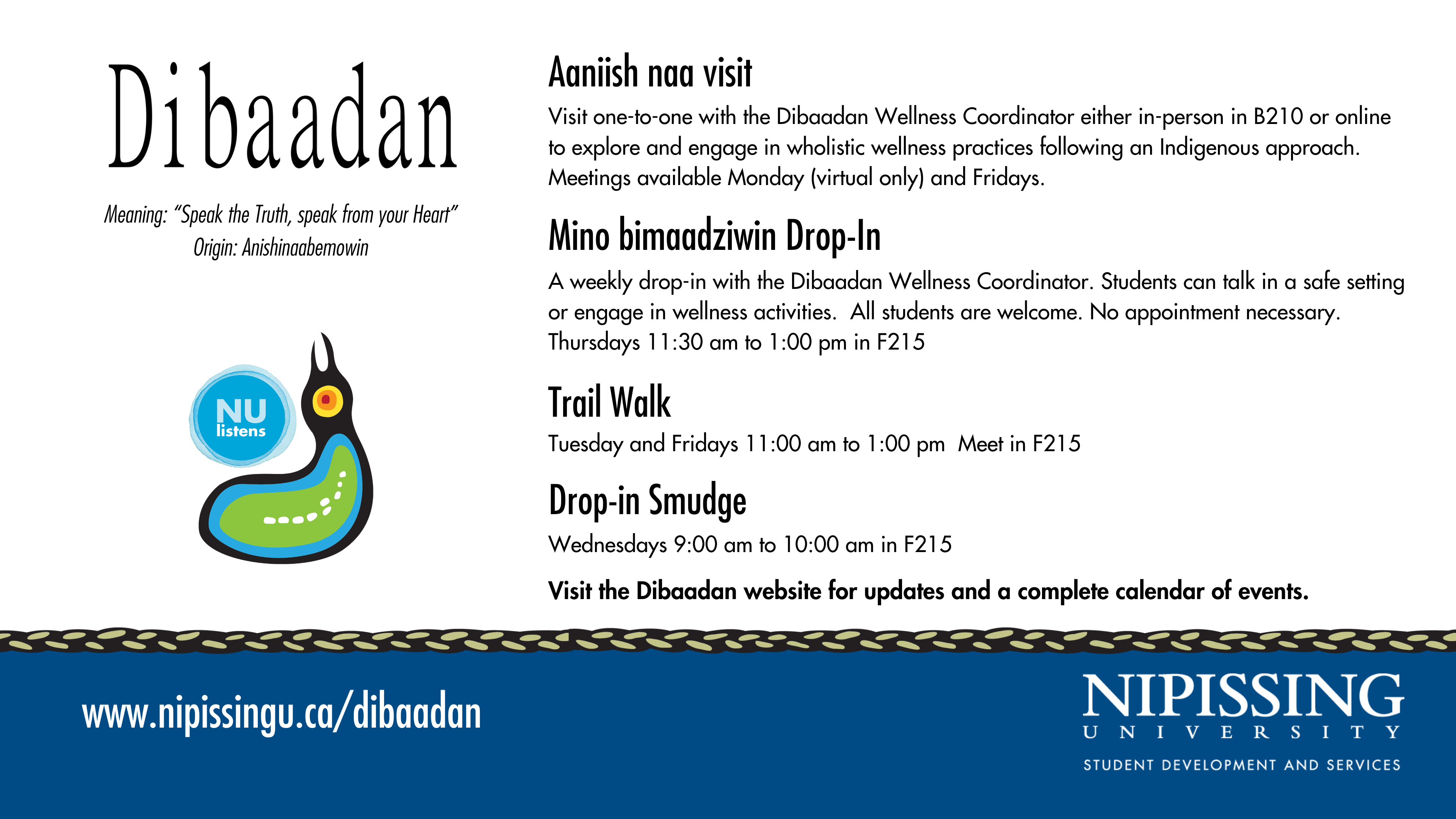 Dibaadan Wellness Programming. Full Schedule listed below.