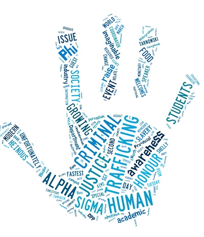Photo of a word cloud in the shape of a handprint