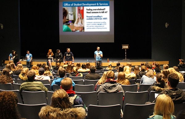 Photo of prospective students and their supporters in the Theatre
