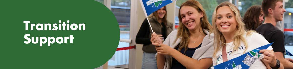 A picture of students at homecoming with a blue banner and white text on top