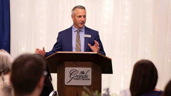 Nipissing University President Kevin Wamsley addresses crowd