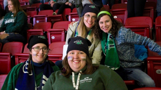 Students watching Lakers hockey in Memorial Gardens at Homecoming