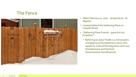 INDG 2007 Land-as-Home and Indigenous Wellbeing: The students undertook a photo-essay assignment to explore the different dimensions of Indigenous homelessness based on Jesse Thistle’s 12 Dimensions of Indigenous Homelessness (2017).