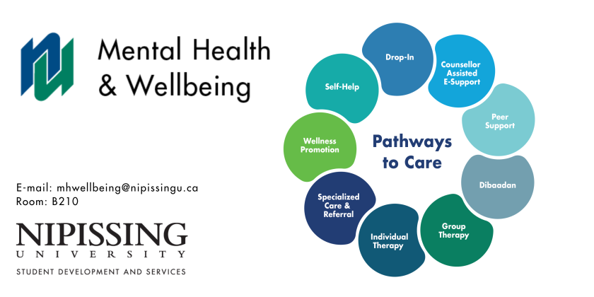Mental Health & Wellbeing, e-mail mhwellbeing@nipissingu.ca or visit B210