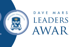 The image is a stylized 20th Anniversary Dave Marshall Leadership Awards logo
