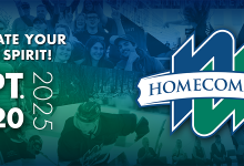 Homecoming logo and information on top of a blue and green collage of activities happening 