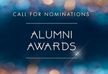 Alumni Award Call for Nomination text across blue and spotlight blurred background