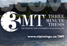 Photo of 3MT logo over Nipissing University pond