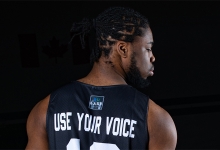 Taijon Eccleston-Graham wearing his "Use your voice" Shoot for Change jersey.