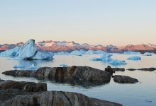 Image of a lake filled with icebergs in the Arctic